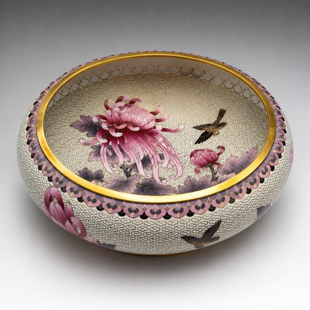Vintage Jingfa Chinese Porcelain Bowl Brass Rim Hand Painted Floral Bird 10"